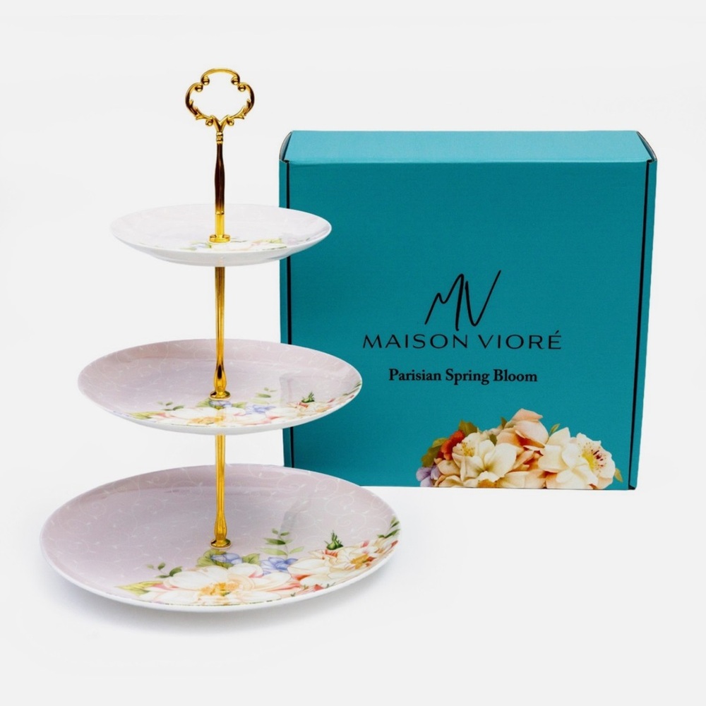 Maison Viore Parisian Spring Bloom 3 Tier Serving Tray Pink